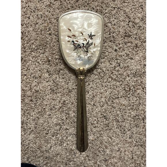 Vintage Hair Brush England Mallard Ducks Wood Base Gold Tone